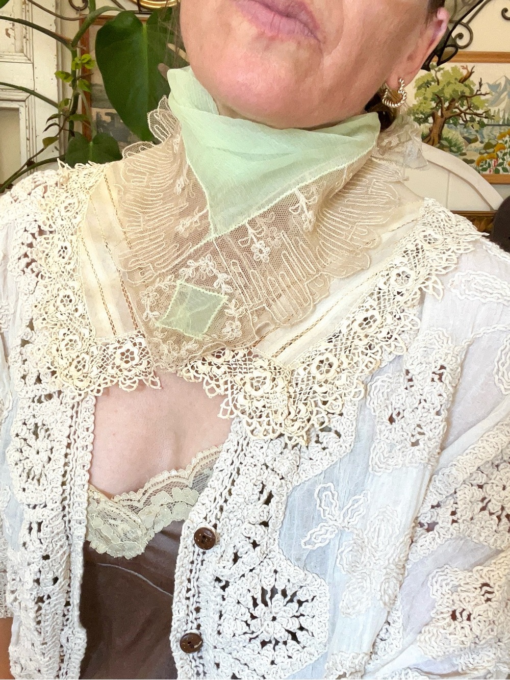 Antique Edwardian Lace Jabot Collar And Mint Green Hankie SET 1900’s Handmade